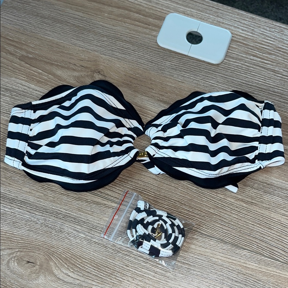 Pilyq Black & White Stripe Bikini Top with Ruffle Trim